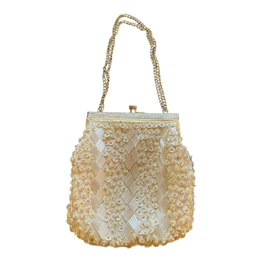 Vintage ivory sequined beaded evening bag gold kisslock chain strap glam retro